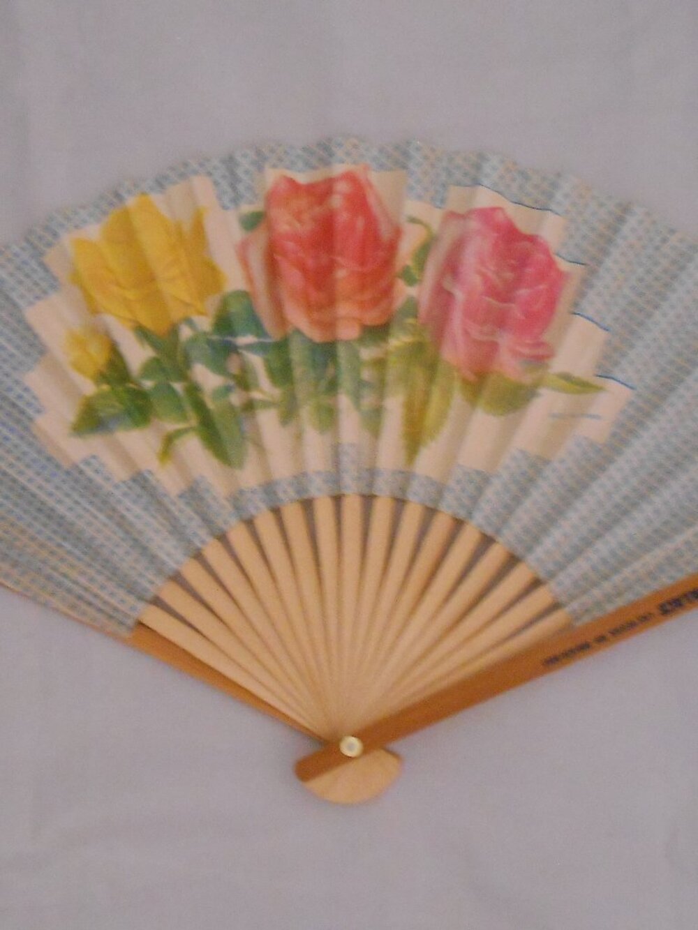 Vintage Imperial Palace Las Vegas Folding Hand Fan, Paper/Bamboo, Floral, Blue